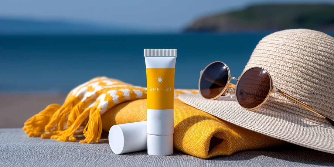 SPF 30 sunscreen with sunglasses and a beach hat, representing sun protection and skin recovery.