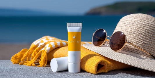 SPF 30 sunscreen with sunglasses and a beach hat, representing sun protection and skin recovery.